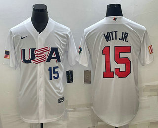 Mens USA Baseball #15 Bobby Witt Jr Number 2023 White World Baseball Classic Replica Stitched Jerseys